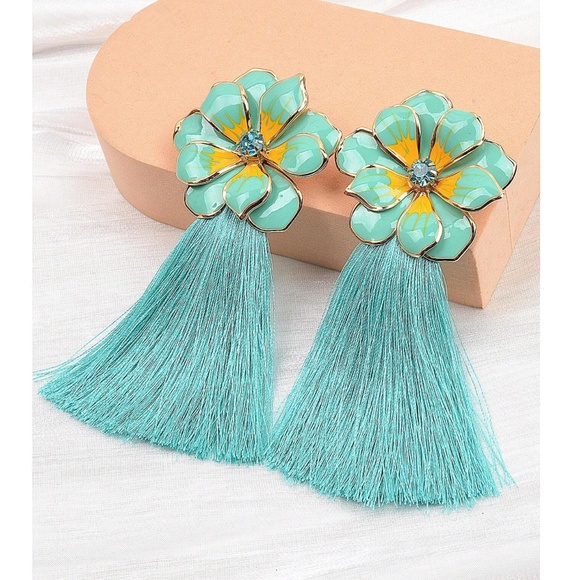 Mint Flower Tassel Gold Tone Statement Earrings - Picture 3 of 4